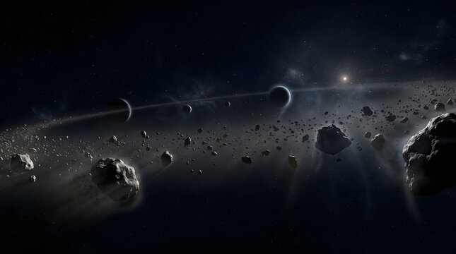 A vast view of an astroid belt with space rocks, distant planets and shining stars in the universe
