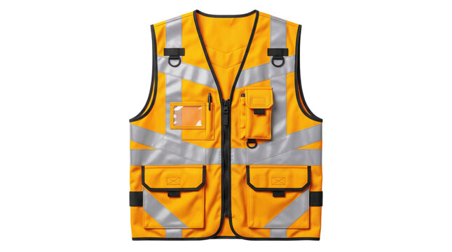 High-visibility yellow safety vest with reflective silver stripes, industrial workwear waistcoat with pockets, protective construction gear on white background