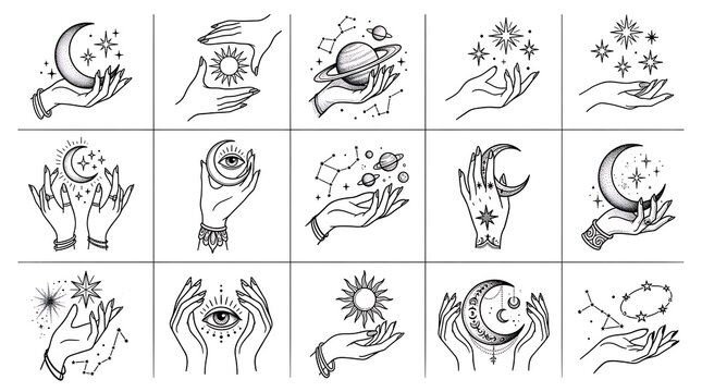 Celestial line art grid featuring hands holding moons stars and planets on white background