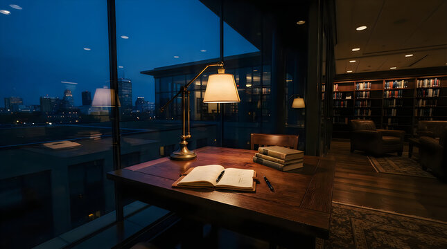 Cozy executive office desk with lamp overlooking night cityscape