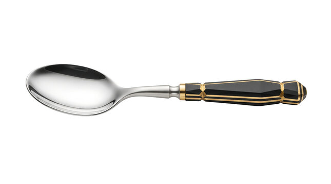 Elegant vintage silver spoon with ornate black and gold handle, luxury antique cutlery for fine dining, classic stainless steel dessert spoon on white background