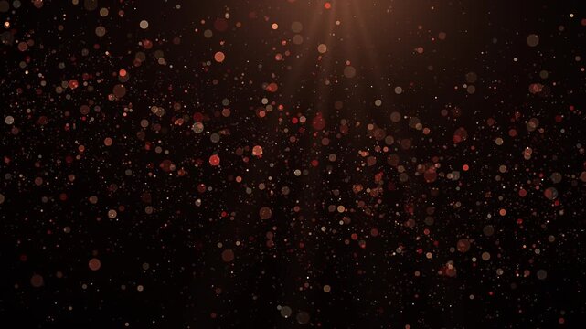 Rose copper bokeh particles floating over dark background with warm glowing light rays, luxury abstract dust motion backdrop
