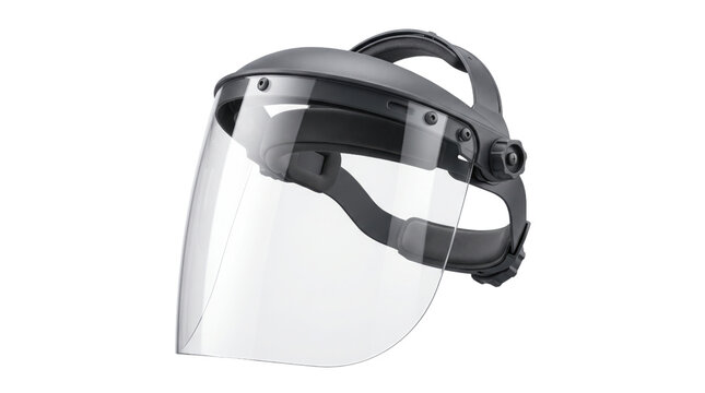 Industrial safety face shield with clear plastic visor, protective headgear for construction and lab work, professional eye protection equipment