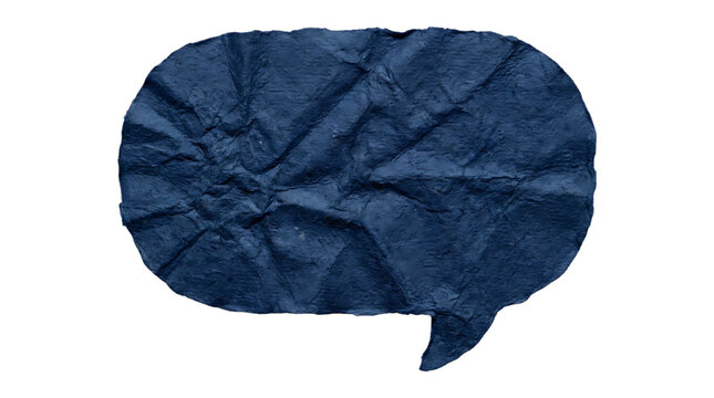 Crumpled dark blue speech bubble shape made of paper texture isolated on white background with crumpled dialogue communication wrinkled isolated