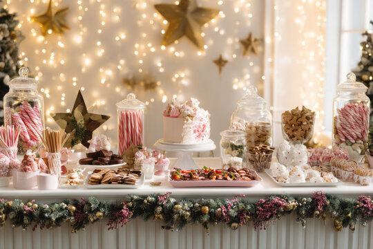 Christmas candy bar dessert table with cakes cookies sweets decorated with garland gold stars lights