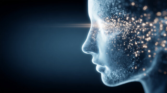 Digital human face formed by particles represents artificial intelligence biometric recognition and virtual identity technology.
