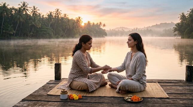 raditional pulse reading during morning retreat on wooden dock