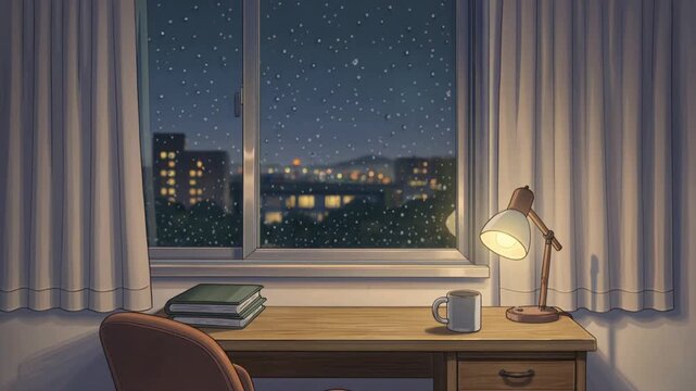 Cozy desk with lamp and books near window showing starry night  