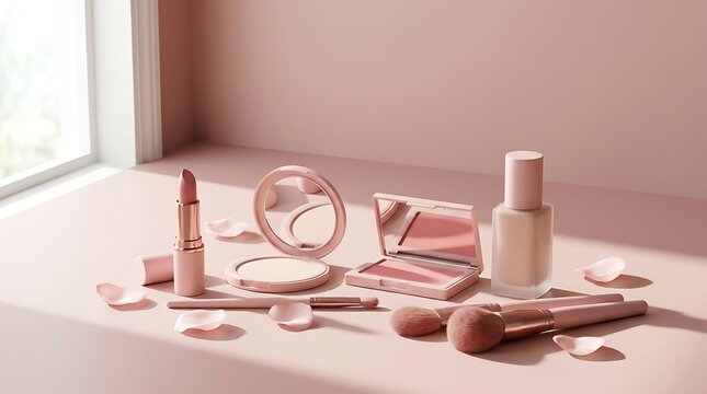 Set of luxury makeup products with lipstick foundation and powder on a table in a soft pink room with natural sunlight.high-end makeup sale 