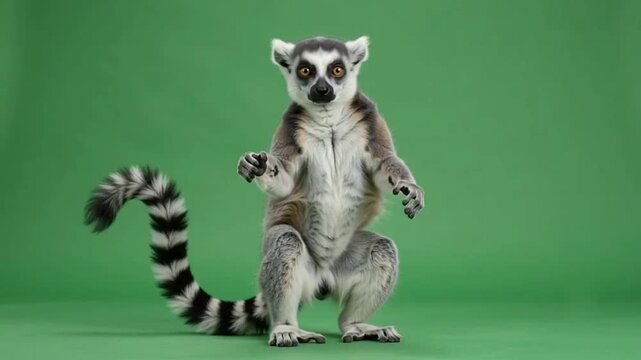 Lemur standing upright on green background showcasing its long striped tail and curious expression in a studio setting