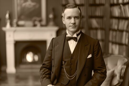 Elderly man in formal black suit and bow tie standing