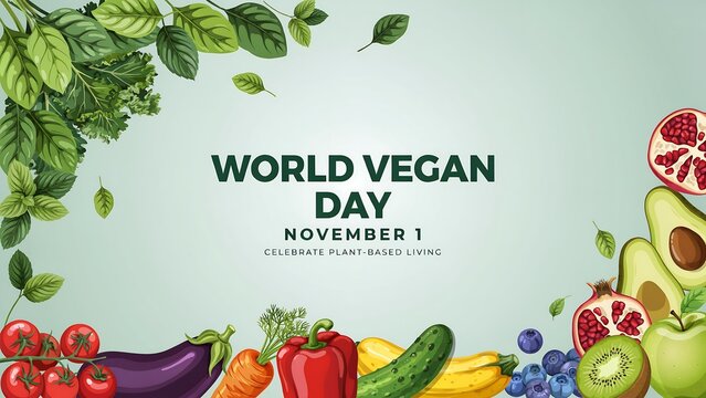 World vegan day celebration banner with fresh vegetables and fruits border