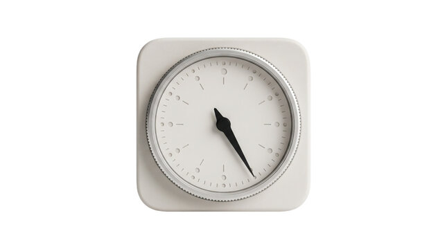 Minimalist white square wall clock with black hands, modern analog timepiece for home office decor, clean contemporary clock face on white background