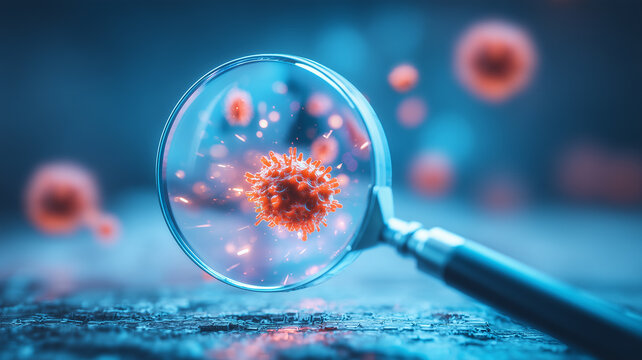 A magnifying glass examining a virus particle representing infection detection and medical laboratory analysis.
