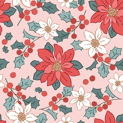 Obraz premium Hand drawn red and white poinsettia and holly berry. Seamless vector pattern with Christmas foliage. Winter floral on isolated blush background. Perfect for textile, wallpaper or wrapping paper.