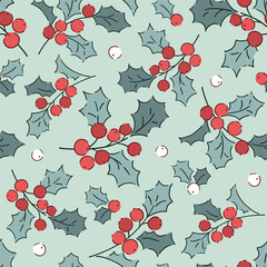 Obraz premium Hand drawn Christmas holly berry branch design on isolated mint background. Seamless vector pattern with red berries and leaves. Perfect for textile, wallpaper or wrapping paper design.
