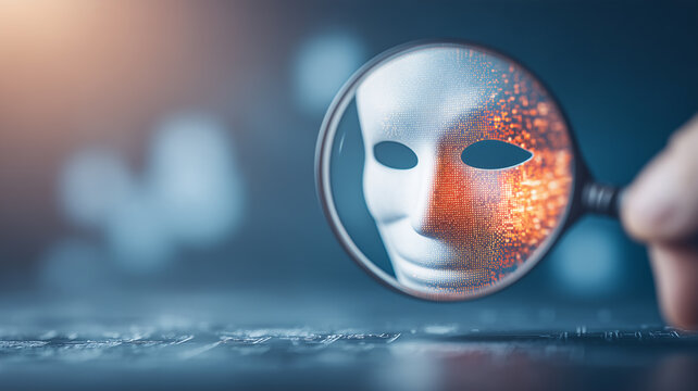 A magnifying glass examining a digital mask representing identity investigation and online fraud detection.
