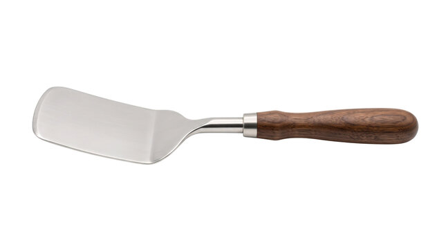 Stainless steel kitchen spatula with wooden handle, professional metal food turner for cooking, rustic culinary utensil isolated on white background
