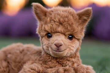 Fototapeta premium Cute fluffy alpaca cria smiling portrait in lavender field sunset mood