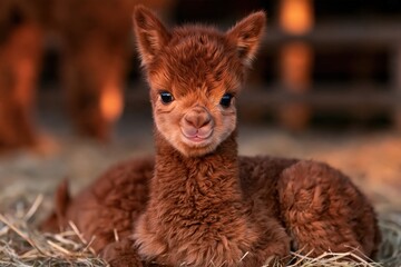 Fototapeta premium Cute baby alpaca portrait, fluffy brown cria in warm sunlight
