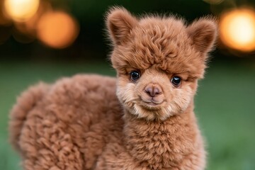 Fototapeta premium Cute fluffy baby alpaca portrait with warm bokeh lights background