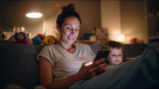 Young mother and her toddler son relaxing on the sofa at night, each using their own smartphone