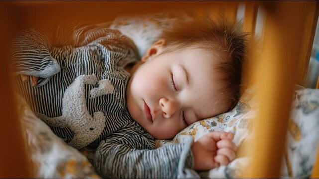 Beautiful newborn infant sleeping peacefully in his cradle with sweet dreams and rosy cheeks