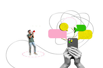 Fototapeta premium Trend artwork sketch image collage of blue color space speech cloud message two young man megaphone talk blogger influencer smartphone