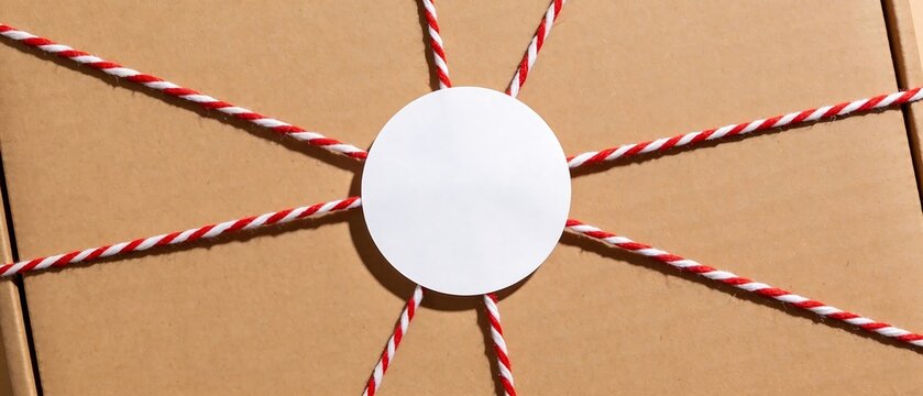 Minimalist Brown Cardboard Parcel Packaging with Red and White Twine and a Blank White Round Sticker for Copy Space, Festive Gift Wrapping Concept for Small Business or Christmas Shipping.