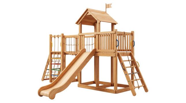 Wooden playground set with slide and climbing frame, natural timber play structure for kids, outdoor backyard playhouse isolated on white background