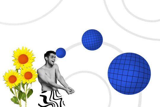 Creative poster collage young man naked torso beach game valleyball player tournament joy fun excited activity relax entertainment