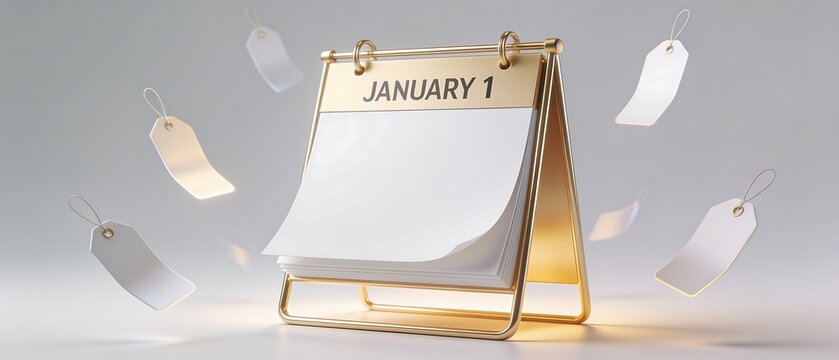 Luxurious Gold Desktop Calendar Showing January 1 Date with Blank White Pages and Floating Price Tags Around it, Concept for New Year Resolutions, Business Planning, and Seasonal January Sales