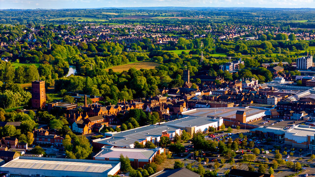 Aerial view of Burton upon Trent town center and parklands