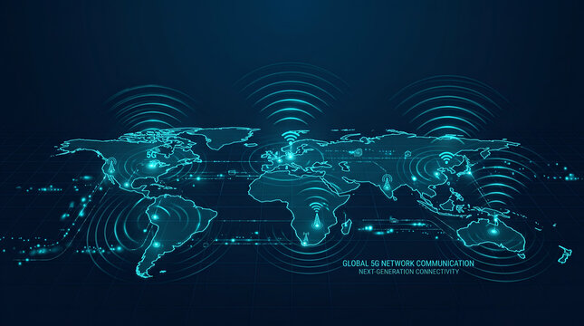 Global 5G network communication background with world map vector, signal coverage waves, wireless telecommunication towers, and next-generation connectivity concept.