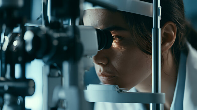 Optometrist Using AI-Assisted Retina Scanning Equipment During An Eye Exam, Moody Cinematic Low-Key Lighting, Telephoto Compression, Tight Framing, Cool Muted Blue-Gray Palette, Photorealistic