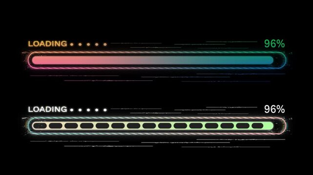Progress Loading bar in cyberpunk glitch style animation on a transparent background focusing. The loading text is in left side and the % progress numeric text is in right side