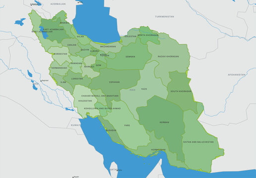 Detailed map of iran with administrative provinces and borders, showing the countrys geographical divisions and neighboring nations in the middle east region