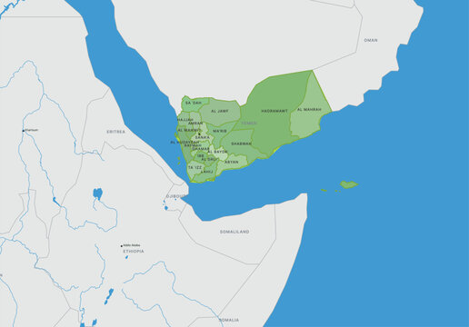 Detailed map of yemen showing administrative governorates and regional borders with neighboring countries in the middle east and the horn of africa