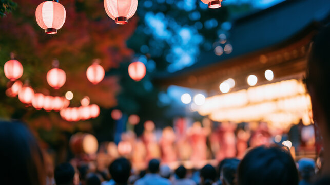 Immersive Evening Atmosphere Featuring a Traditional Kagura Performance Festival Held at a Historic Shinto Shrine Under Glowing Paper Lanterns