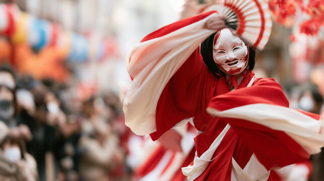 Traditional Japanese Kagura Performance Festival featuring a masked dancer in vibrant red kimono robes performing an ancient ritualistic stage dance
