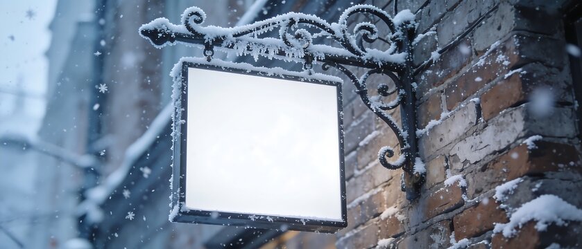 Blank square shop sign hanging on a rustic brick wall during a heavy winter snowfall at night, empty white mockup signboard on decorative metal bracket in a snowy city street, winter atmosphere.