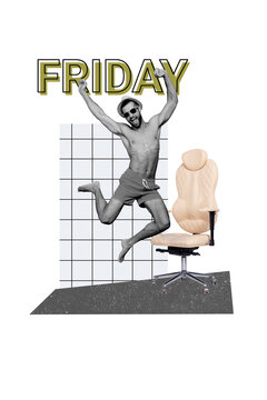 Vertical photo collage of happy shirtless man jump summer pool vacation chair work day off party rest isolated on painted background