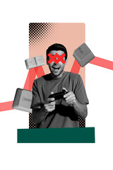 Vertical collage picture young man computer games joystick keypad buttons play excited crossed sign eyesight vision © deagreez