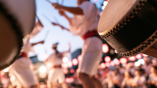 Traditional Japanese Kagura Performance Festival featuring rhythmic taiko drumming and dancers in celebratory attire during a vibrant summer evening
