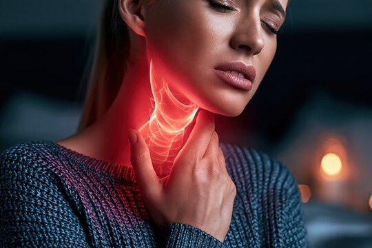 Woman touching neck with sore throat pain medical concept illustration