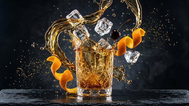 Dynamic splash of amber whiskey cocktail with orange 