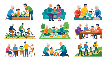 Naklejka premium Multigenerational Family Shared Activity Icon Set Vector Illustration on White Background