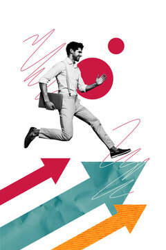 Composite trend artwork sketch image photo collage of young guy businessman student run hold laptop arrow way direction success achieve