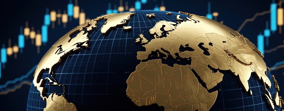 Golden globe with continents sits on dark blue grid background. Blurred stock market charts with blue and gold bars display financial data. Global economy and trading concept.