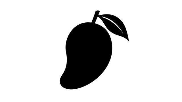 Black silhouette of a single mango fruit with a leaf isolated on a white background
